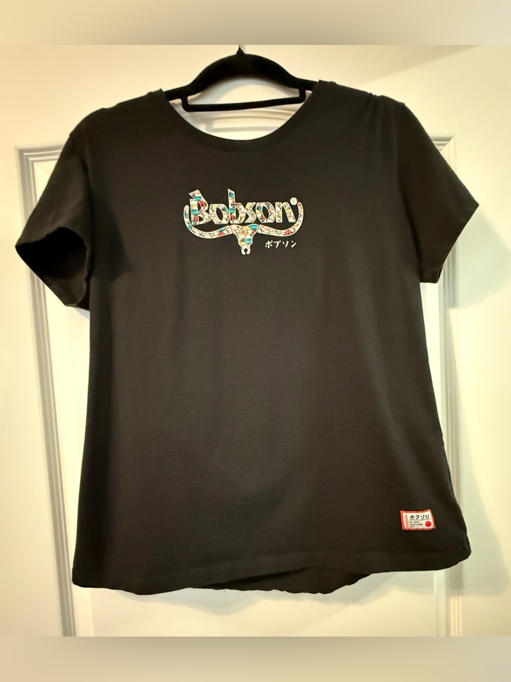 Bobson Japanese Denim Black Tee with Colorful Southwestern Logo